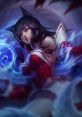 Ahri, the nine-tailed fox from League of Legends, conjuring magic with a captivating gaze and swirling energy.