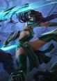 Akali from League of Legends in an action pose, wielding dual blades with a mysterious forest background.