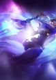 Dawnbringer Riven from League of Legends wields a glowing sword, surrounded by cosmic energy and vibrant colors.