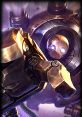 Blitzcrank from League of Legends, showcasing his mechanical arm and glowing eyes, ready for battle against enemies.