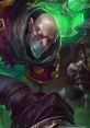 Singed from League of Legends, menacing pose, showcasing his bald head, mask, and green toxic concoction in the background.