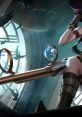 Caitlyn from League of Legends, poised with her sniper, surrounded by clockwork gears and flying birds in a mystical atmosphere.