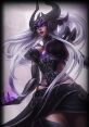 Syndra from League of Legends, showcasing her dark, elegant design and powerful orb magic in a dramatic pose.