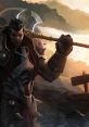 Darius from League of Legends wielding his axe with determination against a dramatic sunset backdrop.