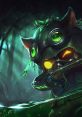 Omegauad Teemo from League of Legends, poised with a gun, in a mysterious forest setting with glowing eyes.