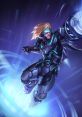 Pulsefire Ezreal in futuristic armor, launching an energy attack in a vibrant blue swirl, showcasing his speed and power.