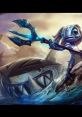 Fizz from League of Legends wields a trident, riding a shark through turbulent ocean waters in vibrant colors.