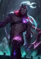 Varus from League of Legends, showcasing his striking purple armor and intense gaze in a dark, mystical environment.