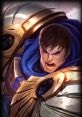 Garen from League of Legends, showcasing intense determination in his armor, ready for battle.