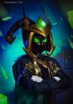 Final Boss Veigar cosplay featuring striking green accents and intricate gold details against a mystical backdrop.