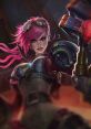 Vi from League of Legends showcases her signature style with vibrant pink hair and powerful gauntlets, ready for battle.