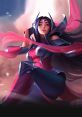 Irelia from League of Legends, showcasing her elegant combat stance and vibrant red attire against a mystical backdrop.