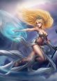 Janna from League of Legends, wielding wind magic with flowing hair and elegant attire in a dynamic pose.