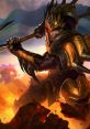 Jarvan IV from League of Legends wielding his spear, showcasing his armored look amidst a fiery battlefield.