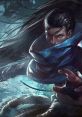 Yasuo, the Unforgiven from League of Legends, wields his blade with intense focus and determination.