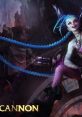 Jinx from League of Legends, featuring her signature rocket launcher and playful demeanor in a vibrant fantasy setting.