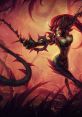 Zyra from League of Legends poses dynamically, entwined with thorny vines against a vibrant, mystical background.