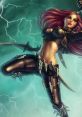 Katarina from League of Legends, poised dramatically with blades, amidst a stormy, electrifying backdrop.