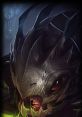 Kog'Maw from League of Legends, depicted in a dark, menacing style with vibrant green details and piercing eyes.