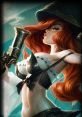 Miss Fortune from League of Legends, showcasing her iconic pirate style with a stylish gun and flowing red hair.