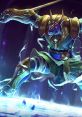 Nasus from League of Legends showcasing his divine form with glowing armor and an imposing stance on a mystical platform.