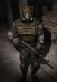 Monolith soldier in tactical gear holding a weapon, embodying the menacing presence from STALKER video game series.