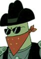 Dennis from "The SpongeBob SquarePants Movie" sports a cowboy hat, sunglasses, and a red bandana, embodying a tough character.