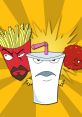 Aqua Teen Hunger Force characters: Frylock, Master Shake, and Meatwad against a vibrant yellow background, showcasing their unique personalities.