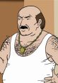 Carl from Aqua Teen Hunger Force, known for his tough demeanor and distinctive style, wears a tank top with a gold chain.