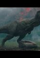 T-Rex roaring amidst volcanic chaos, showcasing the fierce power of Jurassic dinosaurs in a dramatic landscape.