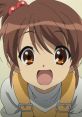 Cheerful anime character with brown eyes and hair, wearing a yellow outfit, expressing excitement. Perfect for anime notifications.