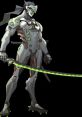 Genji in sleek cybernetic armor, wielding a glowing green katana, embodies speed and agility in combat.