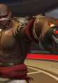 Doomfist from Overwatch demonstrating his powerful abilities and signature cybernetic gauntlet in an action pose.