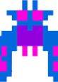 Colorful retro pixel art of a Galaga spaceship, showcasing vibrant blue and pink hues in a classic arcade style.