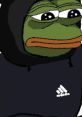 Pepe the Frog wearing a black hoodie with Adidas logo, expressing a somber or contemplative mood, popular in meme culture.