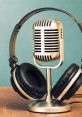 Vintage microphone and headphones set up for podcast recording, showcasing audio gear against a textured background.