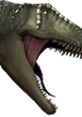 Carcharodontosaurus with its fierce open mouth, showcasing sharp teeth and powerful jaws in a prehistoric setting.