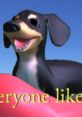 Playful cartoon dachshund smiling against a blue background, embodying the joyful spirit of the "Dog of Wisdom.