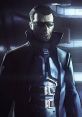 JC Denton from Deus Ex, dressed in a sleek tactical outfit, exuding a cyberpunk aesthetic with sunglasses in a futuristic setting.