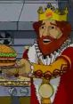 Burger King character from The Simpsons Movie proudly presenting a delicious burger in a colorful animated scene.