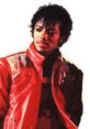 Michael Jackson in a striking red jacket, showcasing his iconic style and expressive emotes from his legendary performances.