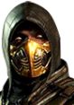 Scorpion from Mortal Kombat Gold, featuring his iconic hood and golden mask, ready for battle in a fighting game scene.