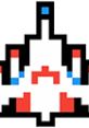 Pixel art spaceship from Galaga: Demons of Death, featuring vibrant red and blue details against a black outline.