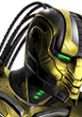 Close-up of Cyrax from Mortal Kombat Gold, showcasing his gold and black armor with green accents and mechanical details.