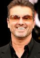 George Michael smiling, wearing sunglasses and a black outfit, exuding charisma and charm, representing pop culture icon.