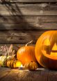 Carved Halloween pumpkins with warm candlelight, set against rustic wooden background, capturing festive autumn vibes.