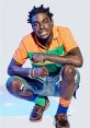 Kodak Black poses confidently in colorful attire, showcasing vibrant fashion and unique style with striking accessories.