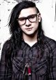 Skrillex showcasing his signature style with long hair, glasses, and an edgy outfit against a textured background.