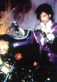 Prince in a striking purple outfit, posing confidently on a motorcycle, embodying iconic vibes of "Purple Rain.