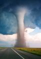 Massive tornado forming over a rural highway, showcasing dramatic clouds and a powerful vortex in the sky.